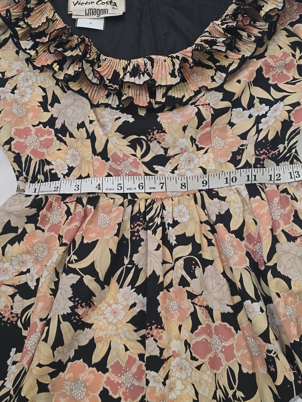 Victor Costa Black Floral Ruffle Maxi Dress with Pink & Cream Accents S - Picture 8 of 14